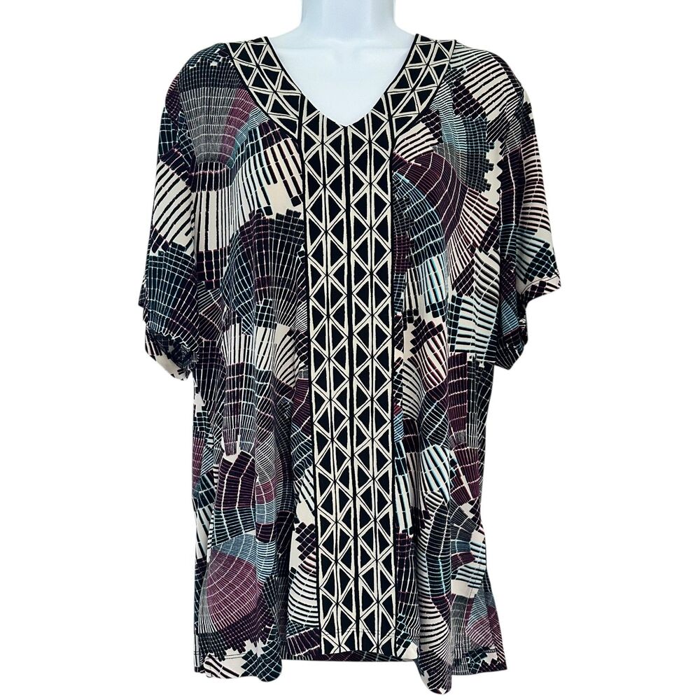 Dana Buckman Geometric V-Neck Short Sleeve Top Size XL